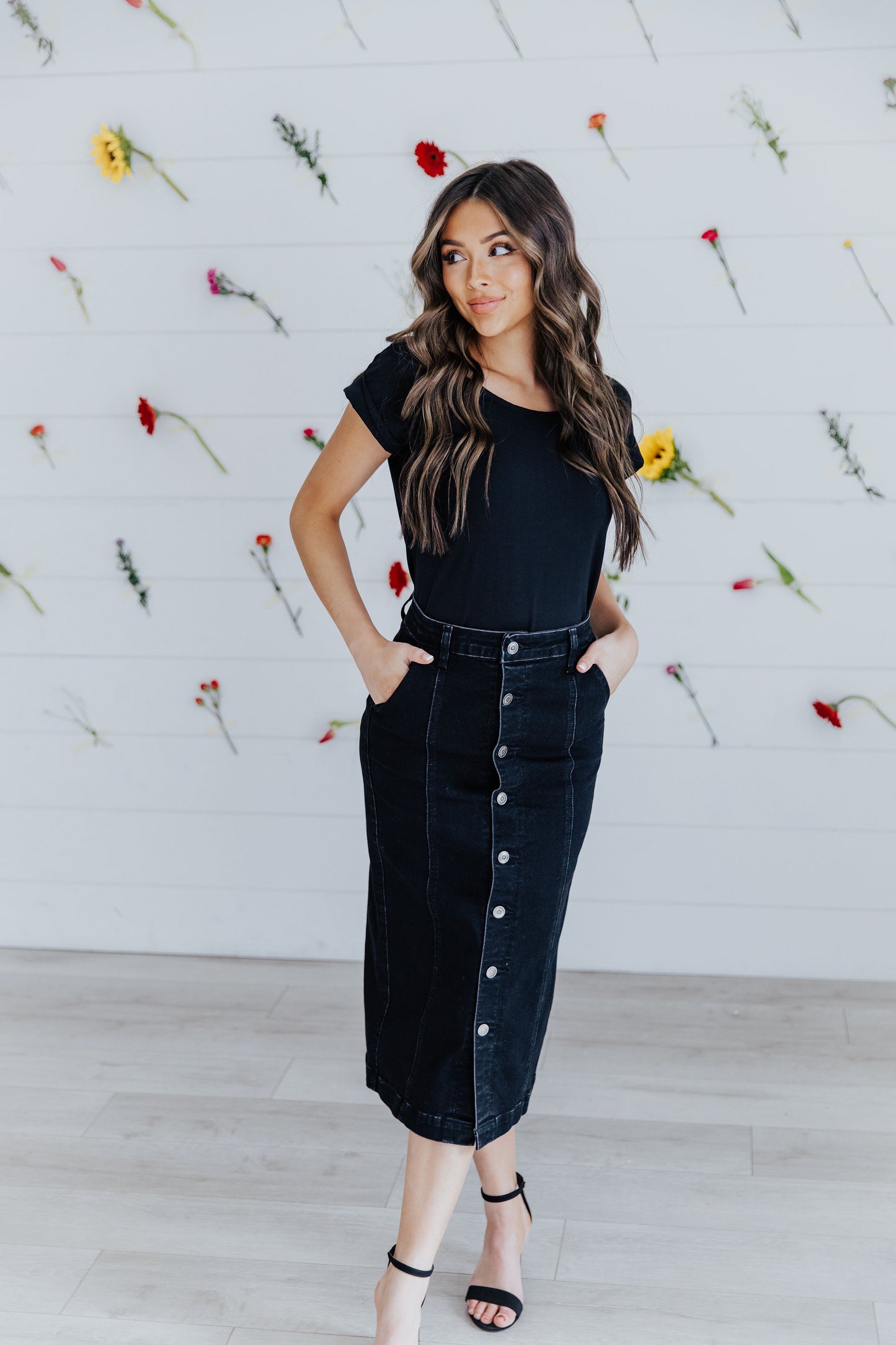 Button Denim Midi Skirt