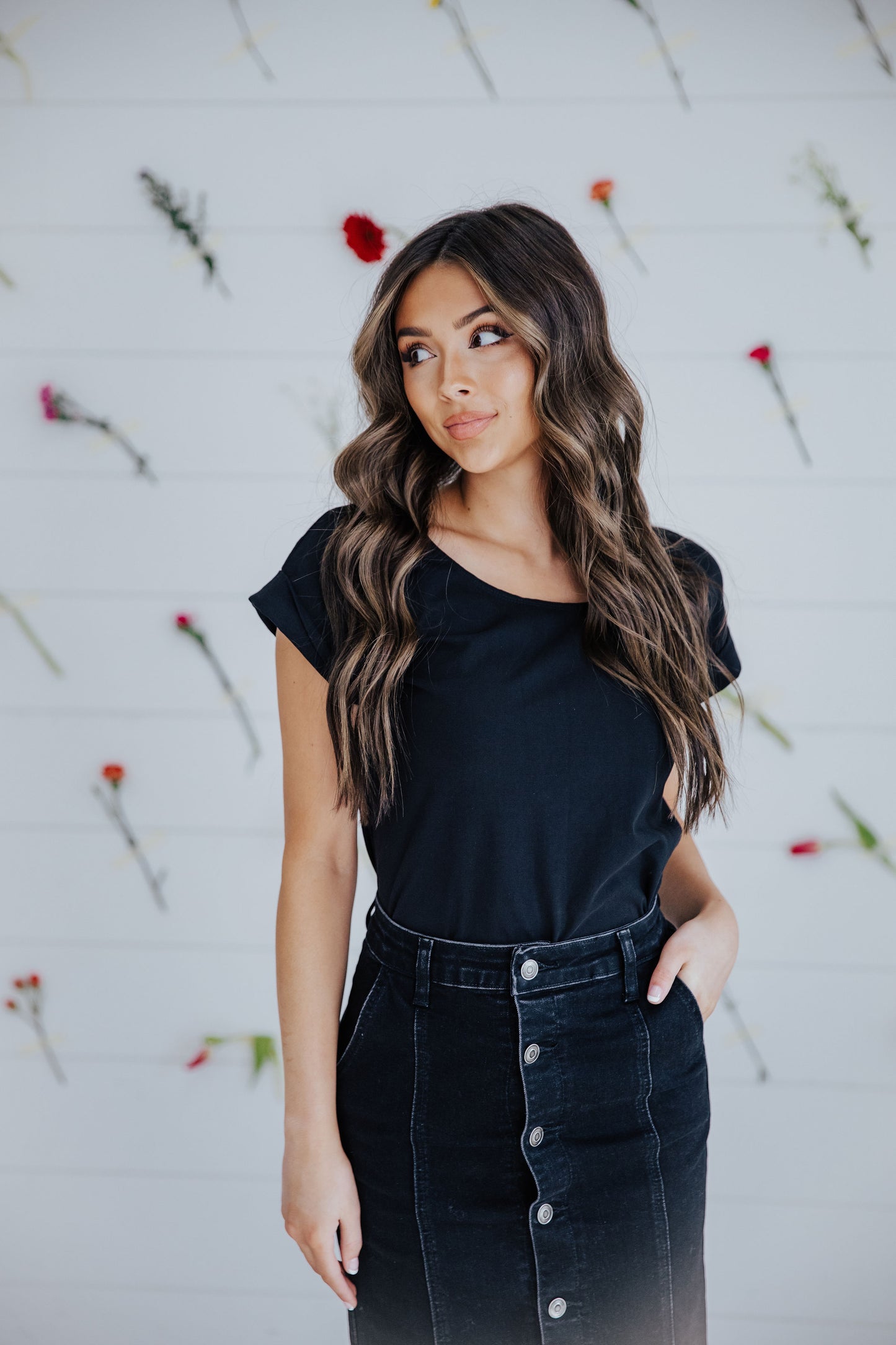 Button Denim Midi Skirt