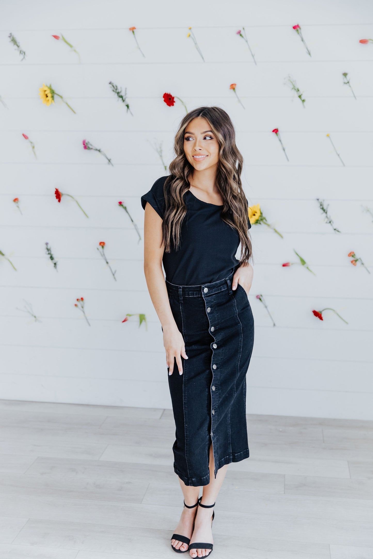 Button Denim Midi Skirt