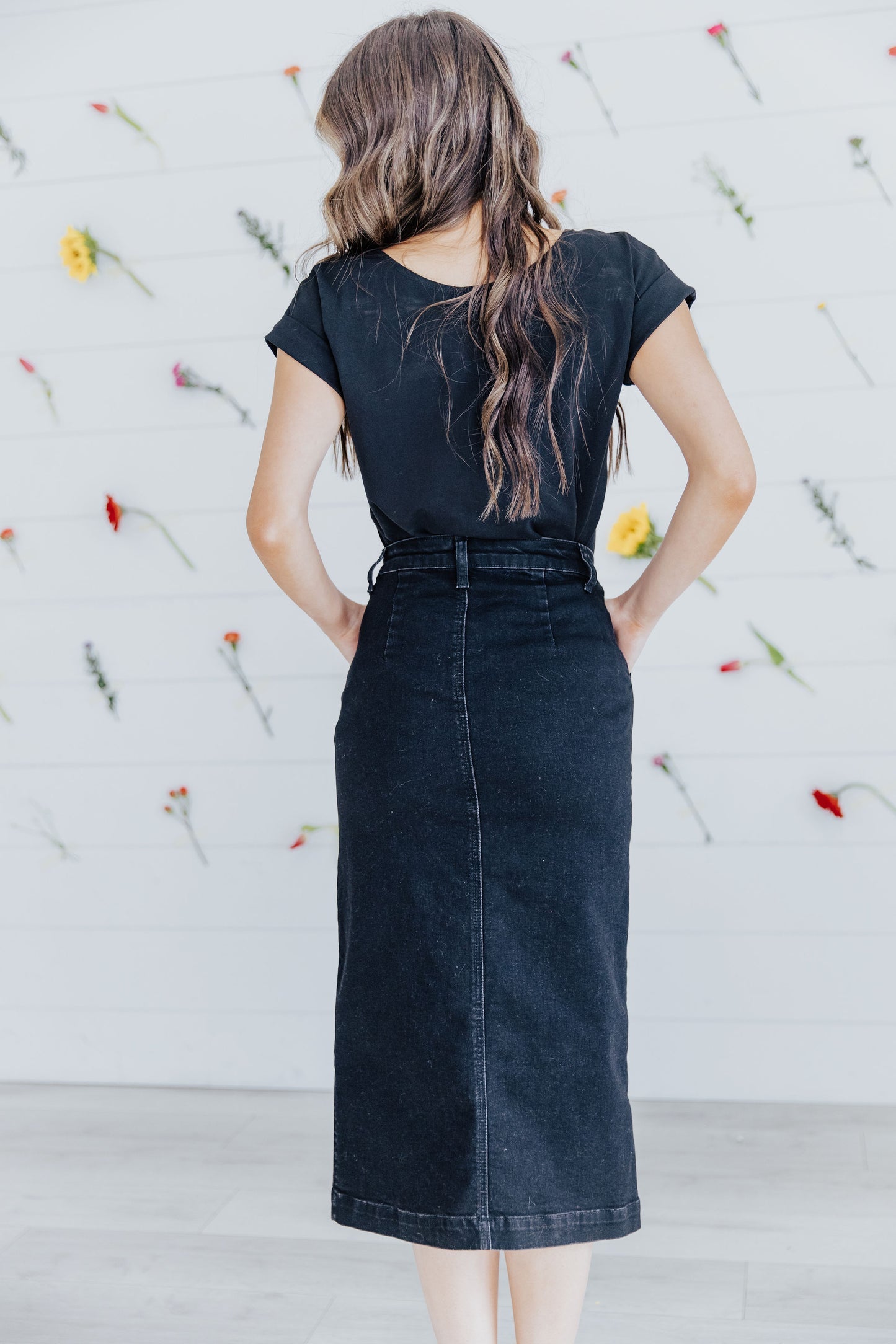Button Denim Midi Skirt