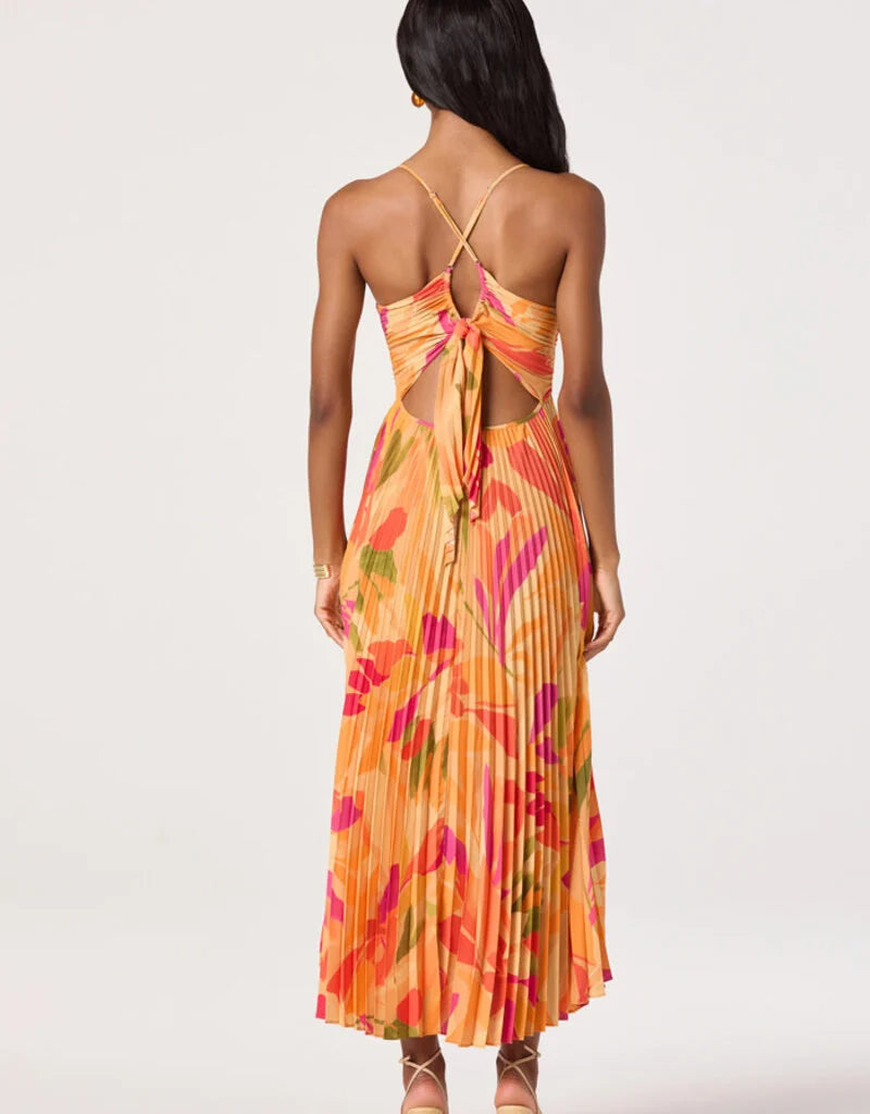 blythe pleated cutout dress ASTR the Label | Blythe Floral Plisse Midi Dress in Green Peach Tropical