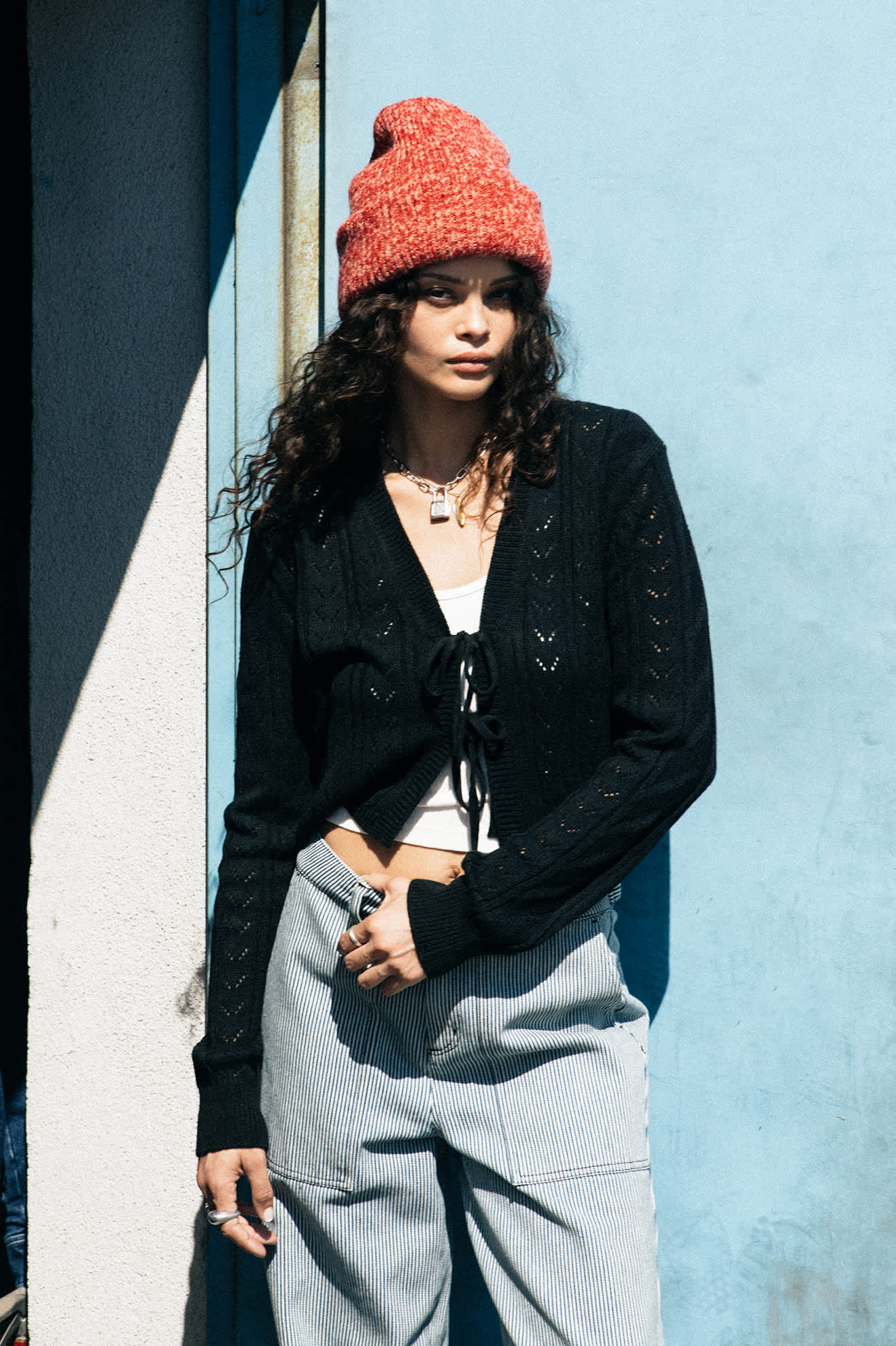 Cropped Pointelle Tie Cardigan