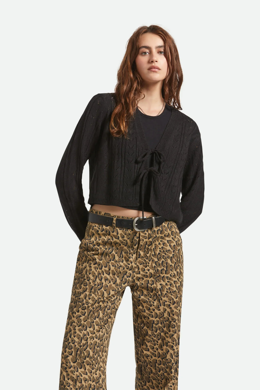 Cropped Pointelle Tie Cardigan