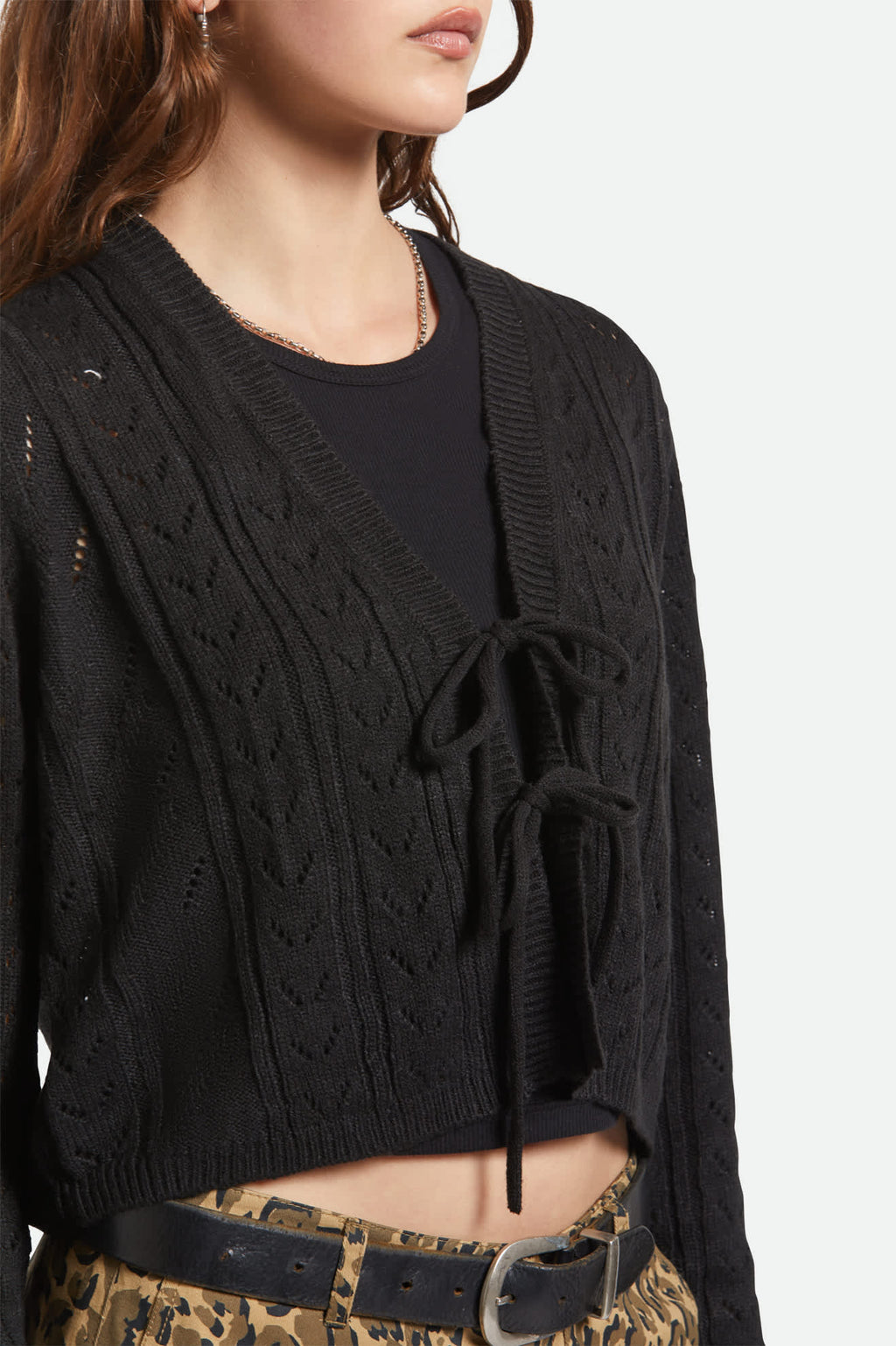 Cropped Pointelle Tie Cardigan